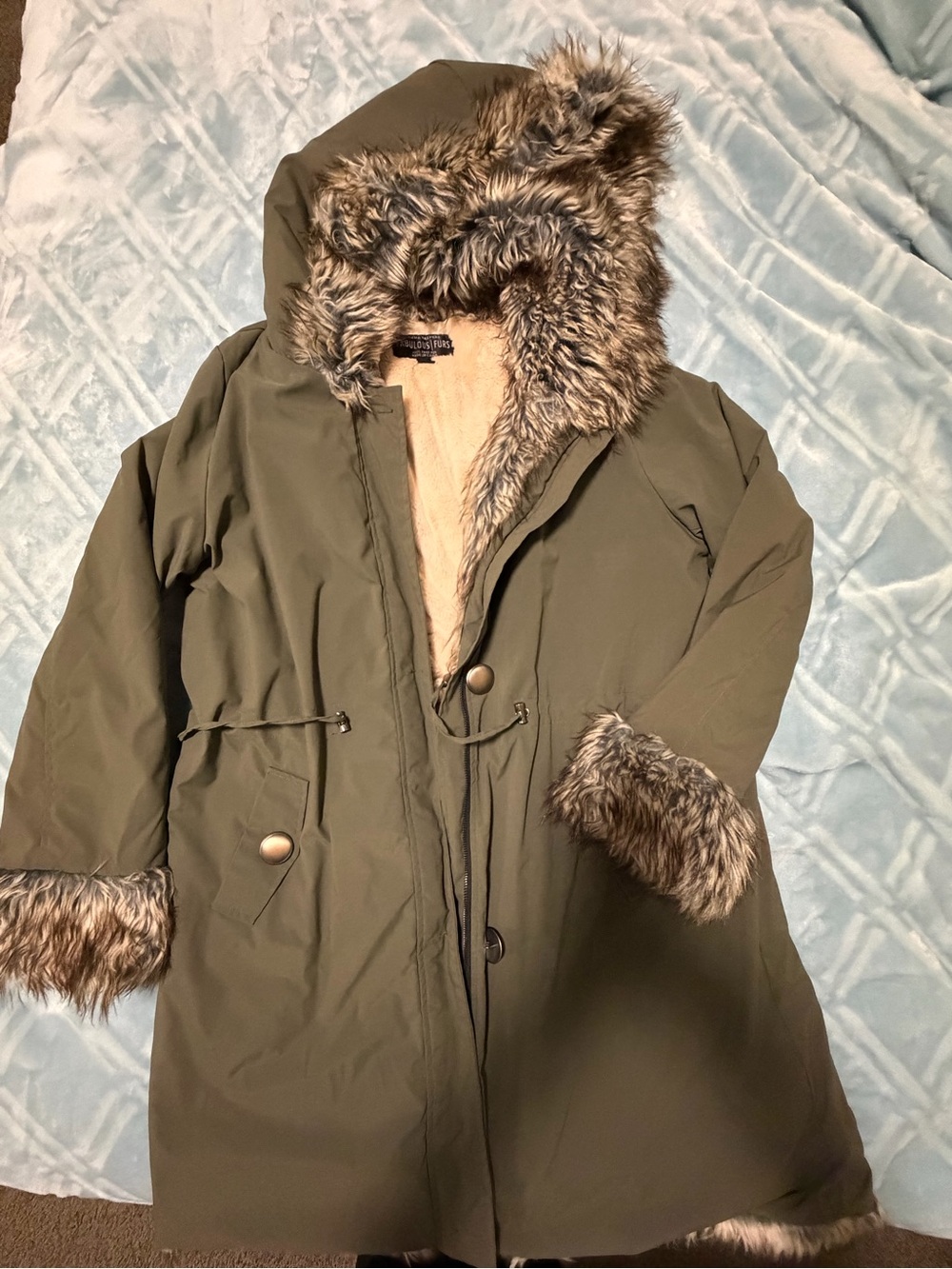 Fabulous Furs Olive Green Jacket with Cream Faux Fur Lining-2XL